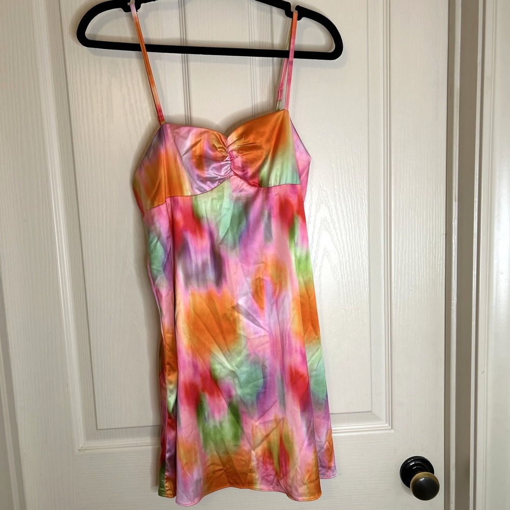Satin Slip Mini Dress Womens M Tie Dye Watercolor Pink Orange Cowl Neck
